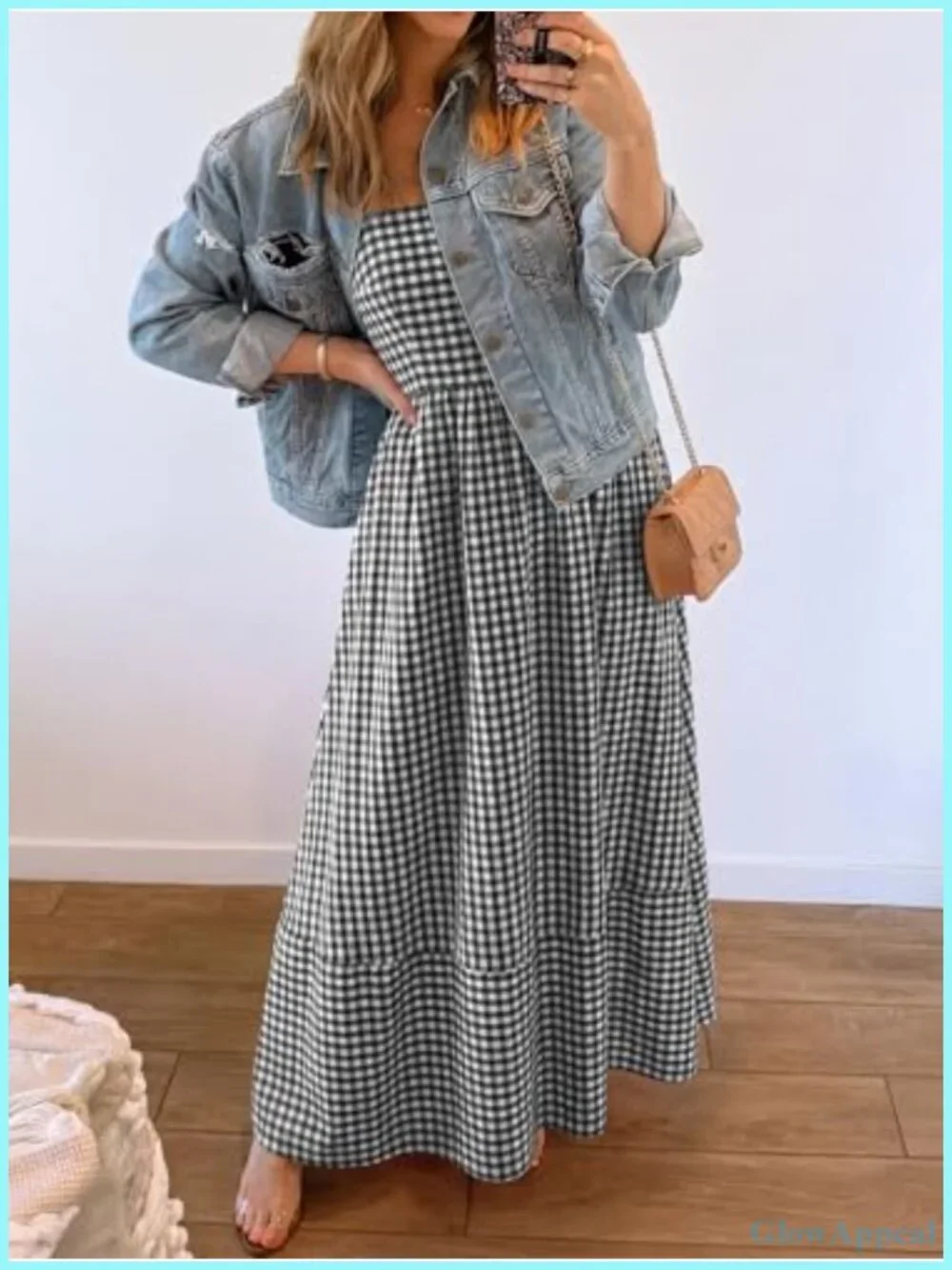 Womens Gingham Spaghetti Strap Smocked Back Flowy Maxi Sundress
